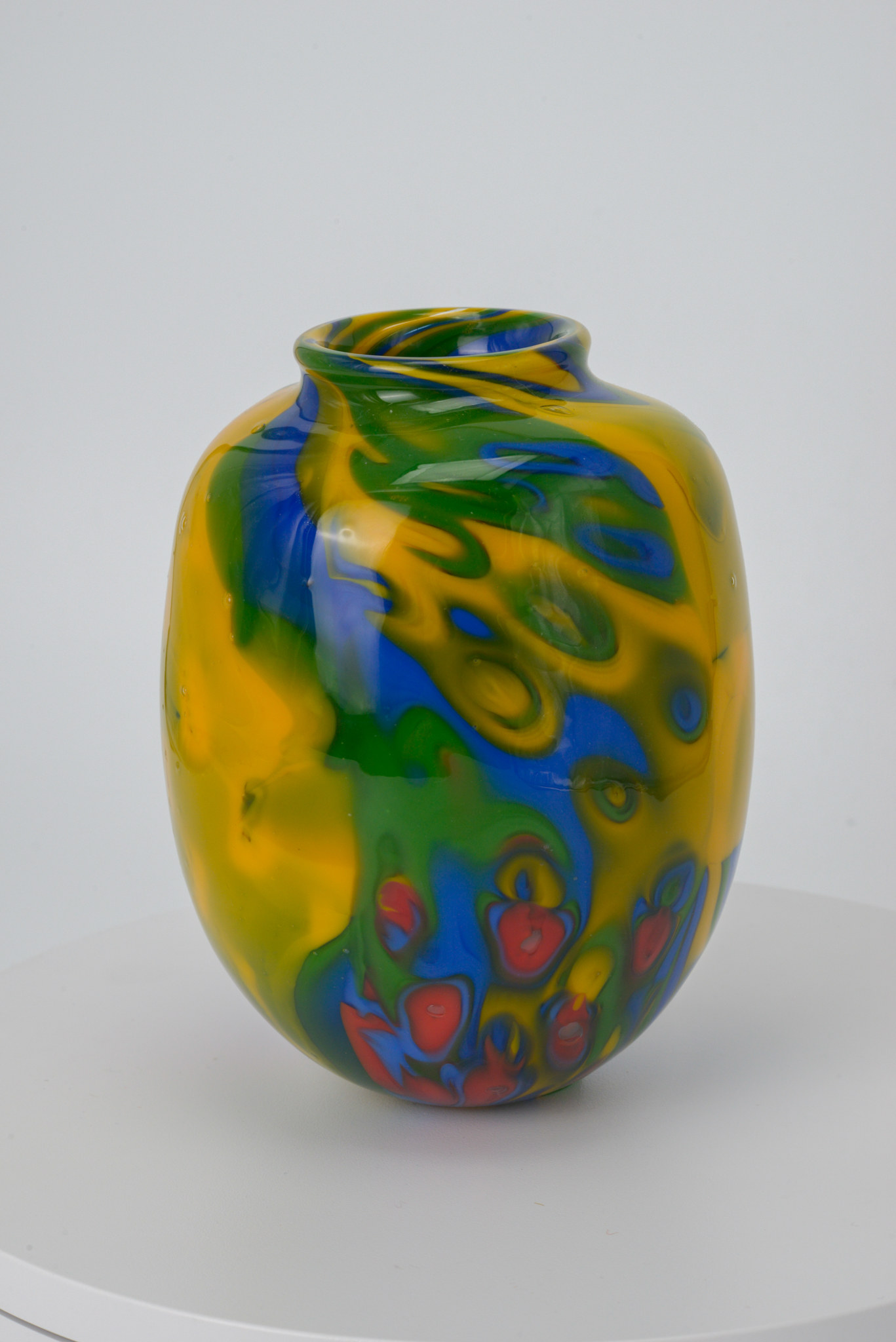Pattern-Melted Barrel Ellipsoid in Red, Green, Yellow and Blue